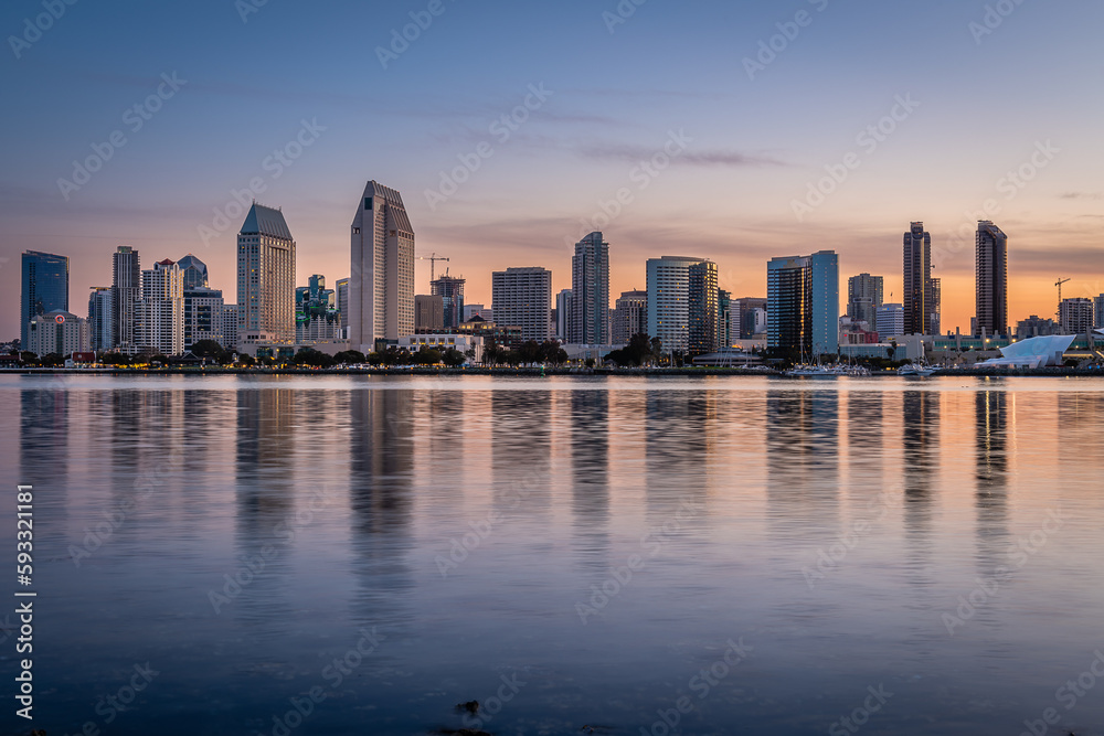 Sunrise and the San Diego skyline from Coronado Island