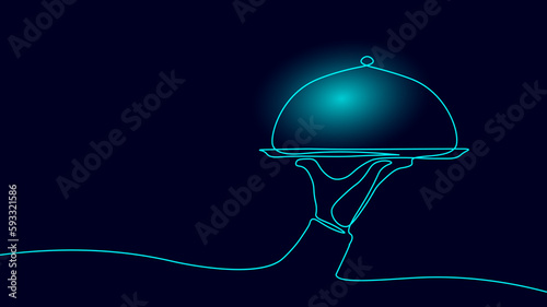 One line continuous waiter with tray closed lid restaurant concept. Hot dishes tasty dinner catering system business. Digital chef gastronomy single line sketch drawing vector illustration