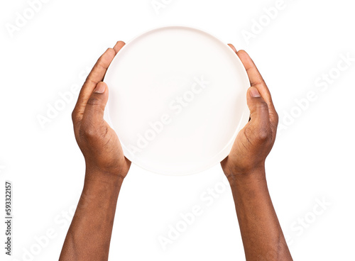 Human hand holding an empty white plate isolated on white or transparent background, top view