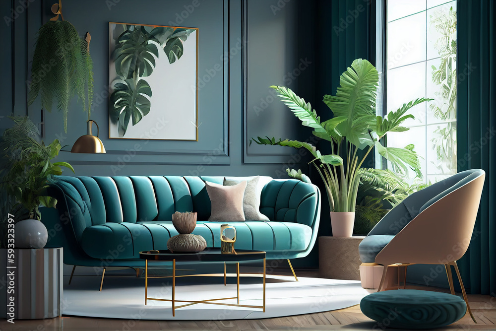 Obraz premium Stylish living room interior modern apartment and trendy furniture, plants and elegant accessories. Home decor. Generative Ai.