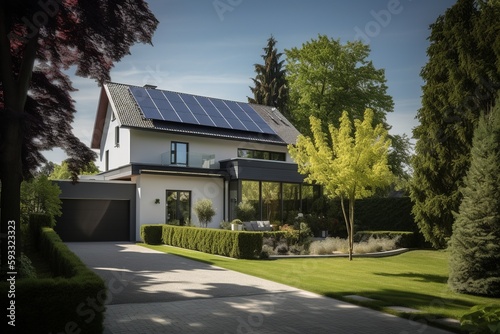 Fotografia, Obraz Elegant house with solar panels and tree-shaded facade