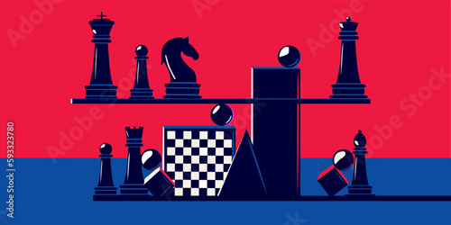 Various geometric and chess pieces in an abstract style. The concept of balance, intellectual game, stability. Game of chess.