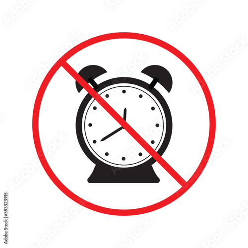 Prohibited clock vector icon. No clock flat sign design. Forbidden clock icon. Warning, caution, attention, restriction, danger label ban symbol pictogram