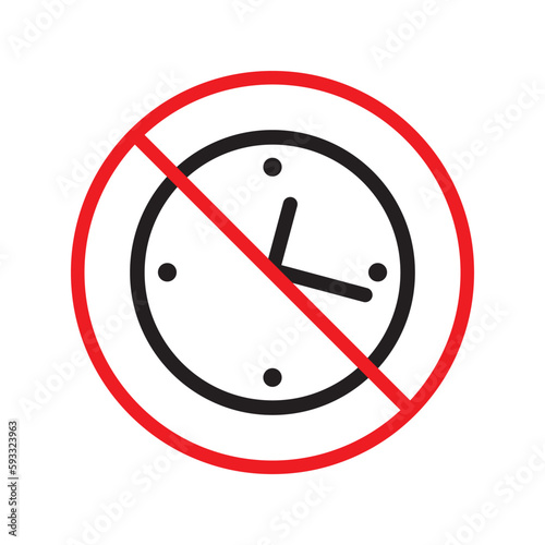 Prohibited clock vector icon. No clock flat sign design. Forbidden clock icon. Warning, caution, attention, restriction, danger label ban symbol pictogram