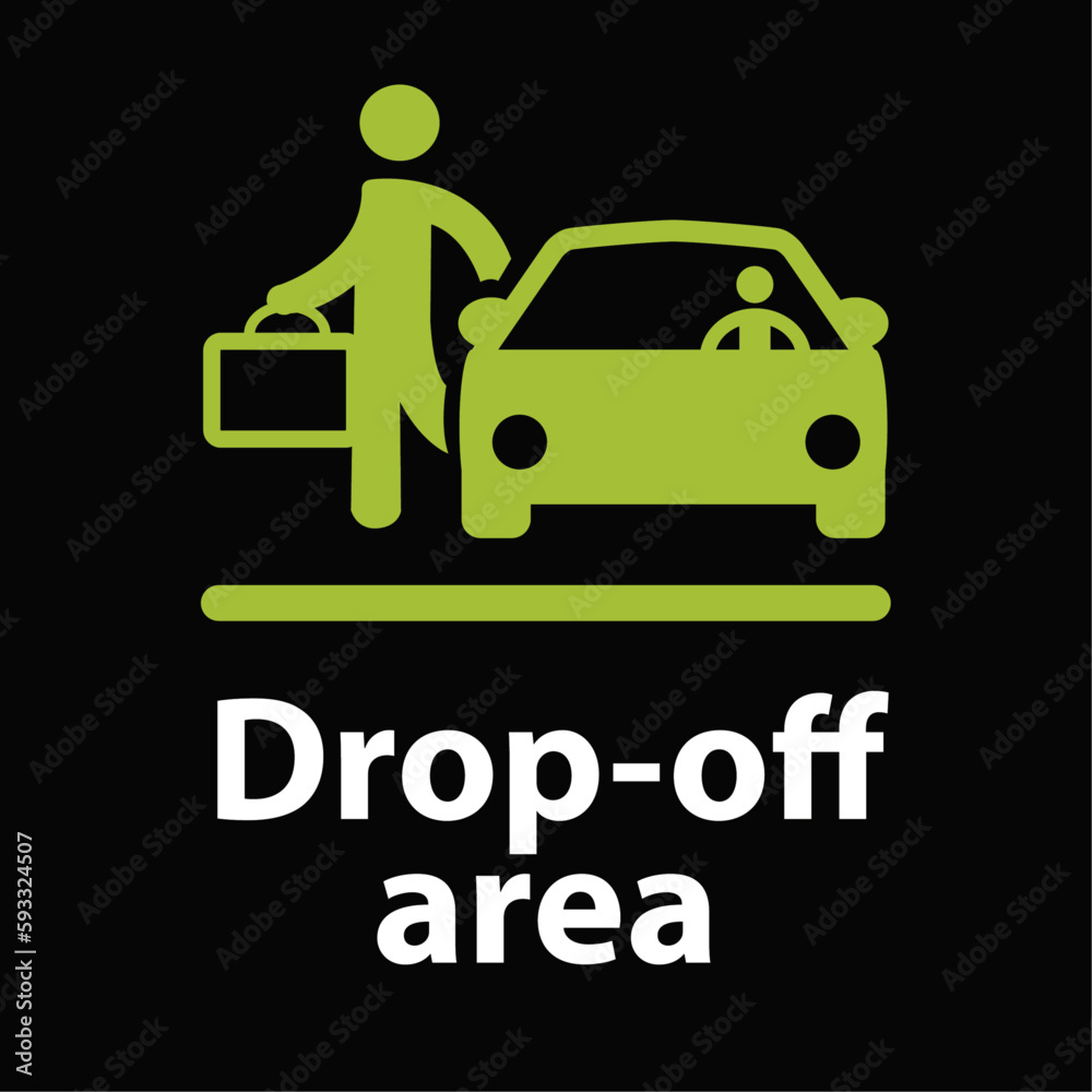 affiche pour indiquer qu'il y a un arrêt minute en Anglais en blanc représenté par un pictogramme d'une voiture avec son conducteur et un passager à côté en vert sur un fond noir