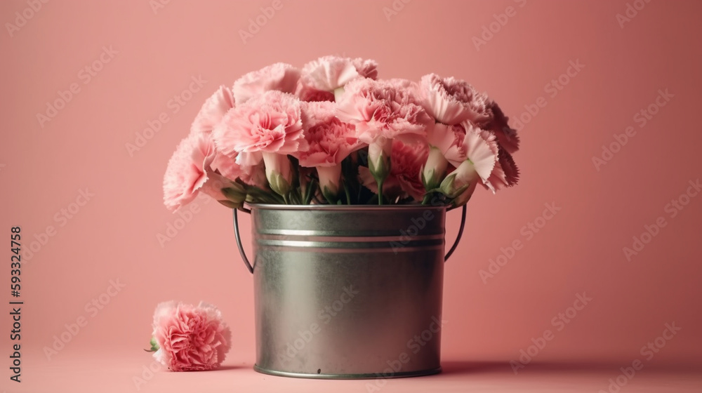 Spring Floral Carnations in a Metallic Bucket against a Pink Pastel Background - Holiday and Mothers Day Themed - Generative AI