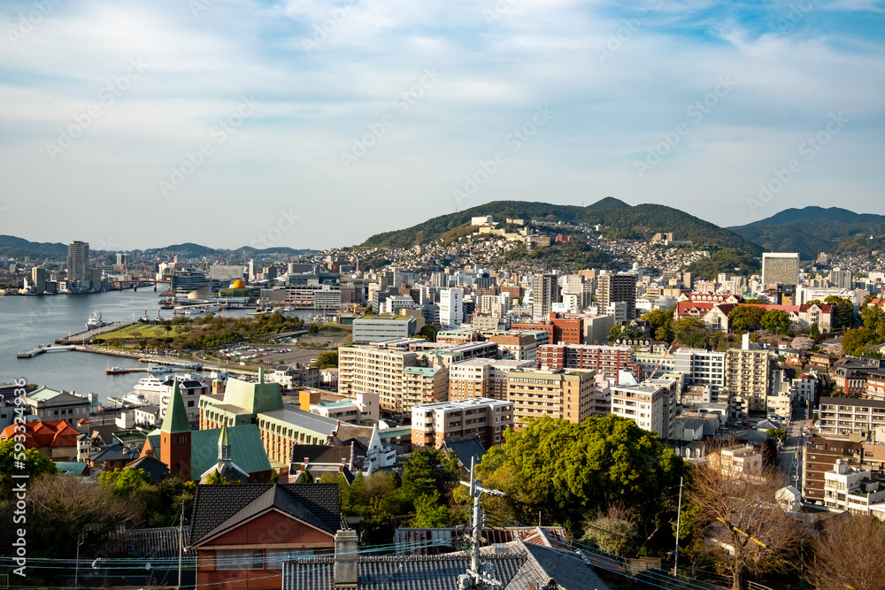 view to skyline of Nagasaki with harbor