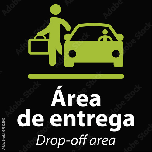 cartel para indicar que hay una parada de un minuto en español e inglés en blanco representado por un pictograma de un coche con su conductor y un pasajero al lado en verde sobre fondo negro