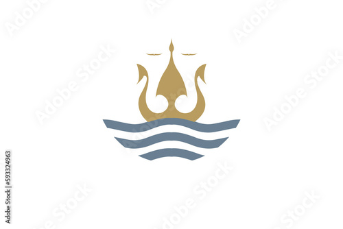 Trident King Crown with Ocean Sea Wave and Bird logo design