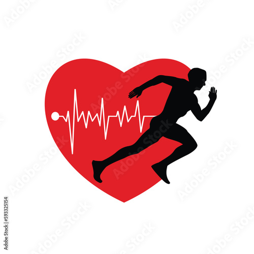Running man with heart pulse. Healthy lifestyle concept. Vector illustration.
