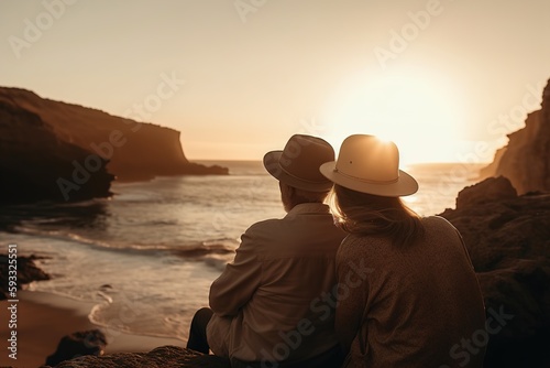 senior couple sitting by the ocean at sunset