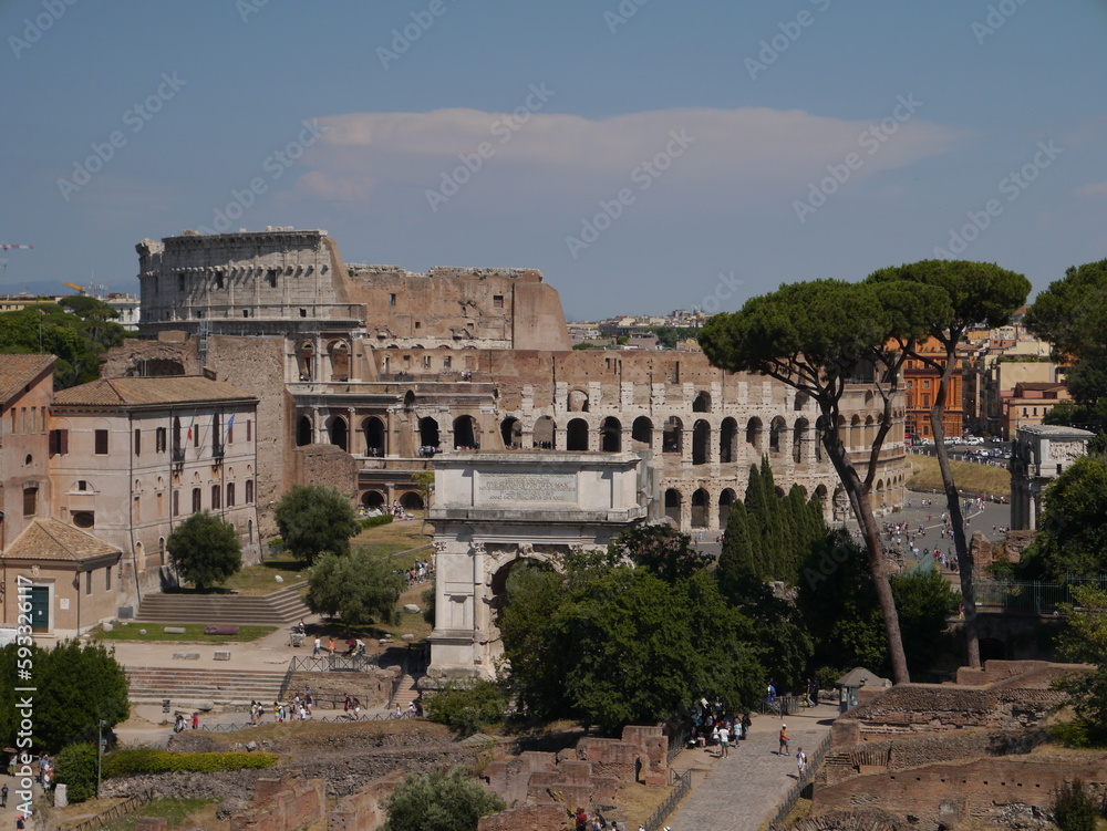 View of Via Sacra, Arch of Titus, and the Colosseum. Rome, Italy 
