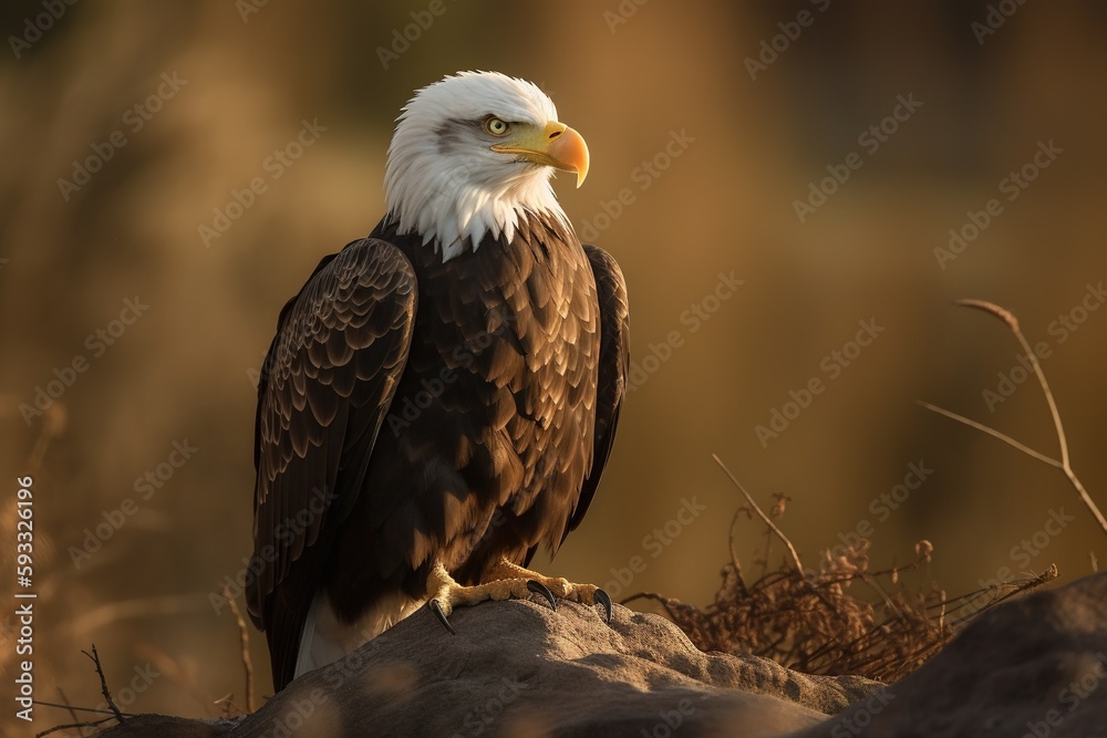 Fototapeta premium Beautiful and majestic bald eagle / American eagle on a stone. Autumn background with yellow, brown and green colors. AI Generative
