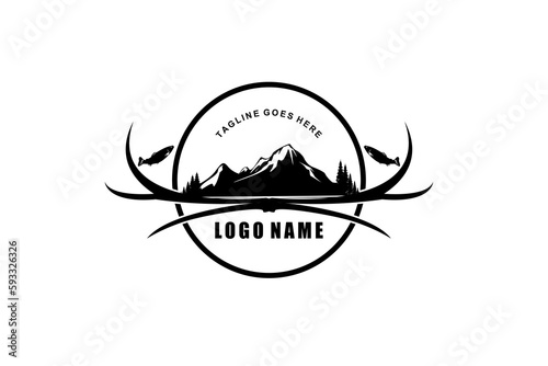 Buck Stag Deer Reindeer hart Antler and Salmon Bass Carp Fish for Mountain Forest Hunting logo design vector