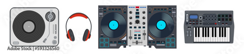 Music vector illustration design. Vinyl record player, headphones, dj remote, synthesizer.  Flat design style. Vector color illustration. Musical vector set.