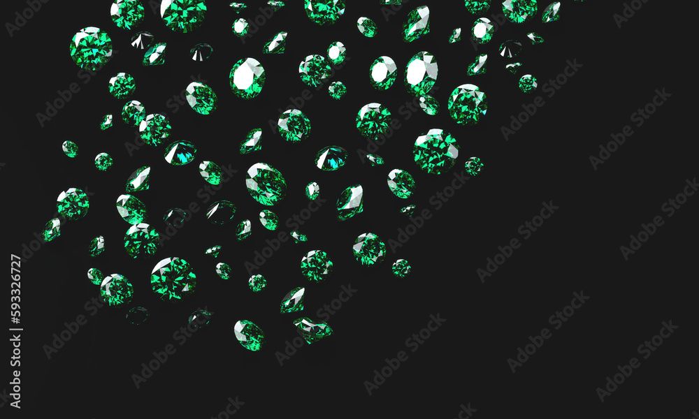 Green Emerald Diamond Group Placed On Glossy Background, 3d illustration.
