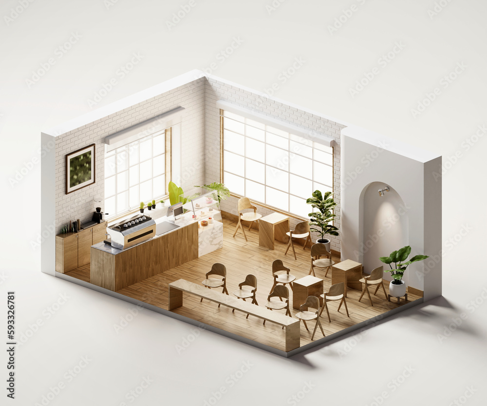 Isometric view minimal cafe store open inside interior architecture, 3d ...