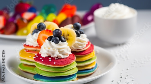 Rainbow pancakes with fruits and whipped cream, AI generative multi-color food