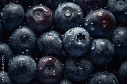 Fresh Blueberries, seamless background, visible drops of water, Generative AI