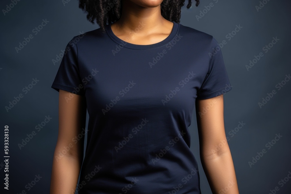 Black woman model wearing a plain navy blue short sleeved t-shirt, isolated on a blank background. Mock-up, torso only. Generative AI illustration. Black woman model wearing a plain navy blue short sleeved t-shirt, isolated on a blank background. Mock-up, torso only. Generative AI illustration.