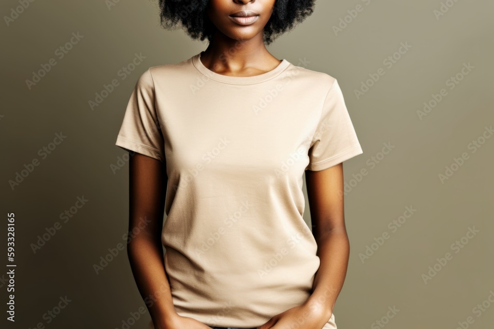 Black woman model wearing a plain creme short sleeved t-shirt, isolated on a blank background. Mock-up, torso only. Generative AI illustration. Black woman model wearing a plain creme short sleeved t-shirt, isolated on a blank background. Mock-up, torso only. Generative AI illustration.