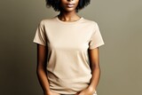 Black woman model wearing a plain creme short sleeved t-shirt, isolated on a blank background. Mock-up, torso only. Generative AI illustration.