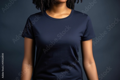 Black woman model wearing a plain navy blue short sleeved t-shirt, isolated on a blank background. Mock-up, torso only. Generative AI illustration. photo
