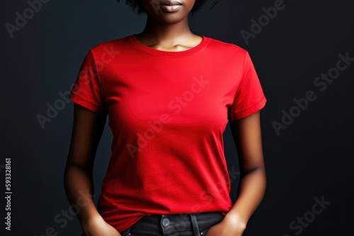 Black woman model wearing a plain red short sleeved t-shirt, isolated on a blank background. Mock-up, torso only. Generative AI illustration.