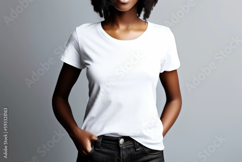 Black woman model wearing a plain white short sleeved t-shirt, isolated on a blank background. Mock-up, torso only. Generative AI illustration.