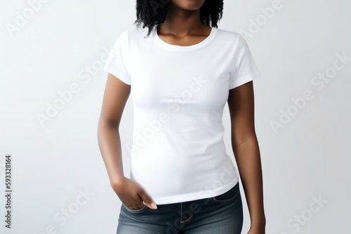 Black woman model wearing a plain white short sleeved t-shirt, isolated on a blank background. Mock-up, torso only. Generative AI illustration.