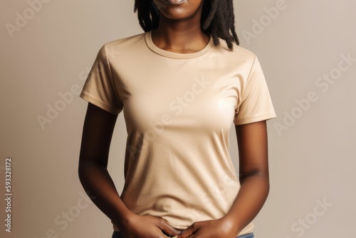 Black woman model wearing a plain beige short sleeved t-shirt, isolated on a blank background. Mock-up, torso only. Generative AI illustration.