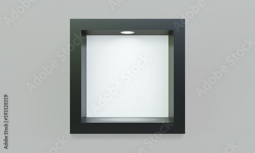 Empty black cube shelf or niche on wall with led spotlight 3D mockup. Shop, gallery plastic or wooden showcase to present product. Blank retail storage space. Interior bookshelf