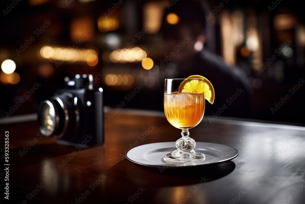 Cocktail in a moody old fashioned bar. Generative AI.