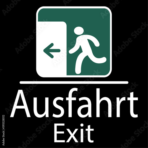 Plakat zur Kennzeichnung des Ausgangs in Deutsch und Englisch in Weiß mit einem Piktogramm eines weißen Zeichens in einem grünen Quadrat und einem grünen Pfeil nach links auf schwarzem Hintergrund photo