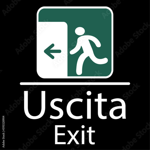 locandina per indicare l'uscita in italiano e inglese in bianco con pittogramma di un personaggio in bianco in un quadrato verde e una freccia che va verde verso sinistra tutto su sfondo nero