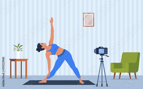 Female character doing yoga exercises at home recording video with camera on tripod. Social network blogging, healthy lifestyle concept. Sport streming. Vector illustration.