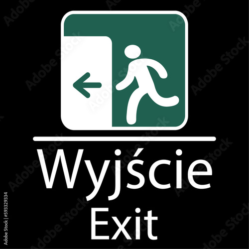 plakat wskazujący zjazd w języku polskim i angielskim w kolorze białym z piktogramem postaci w kolorze białym w zielonym kwadracie i strzałką przechodzącą w lewo w kolor zielony całość na czarnym tle