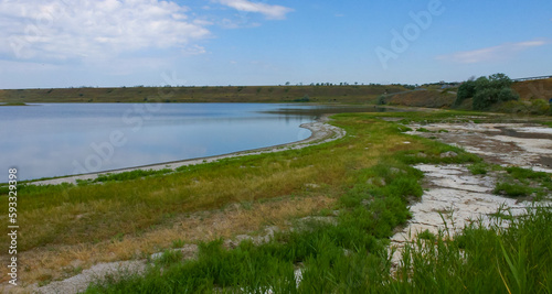 Shallow bay of the Tiligulsky estuary with wild salt-tolerant vegetation on the shore  Ukraine