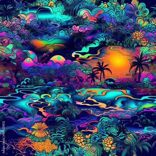 Neon Tropical Paradise Fine Detail Night Colorful Seamless Pattern Generative AI