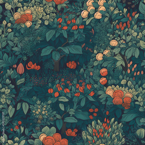 Green and Orange Floral Garden Wildflower Seamless Pattern Generative AI photo