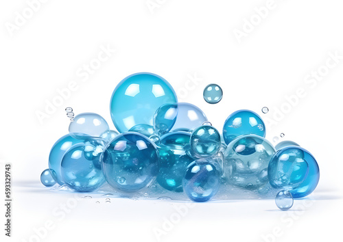 Blue soap bubbles on a white background
