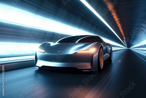 Futuristic car driving in a tunnel - Generative AI photo