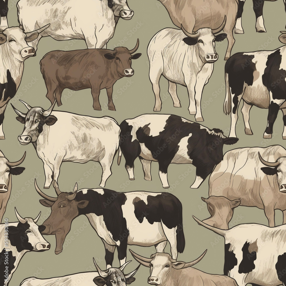 Fototapeta premium Cows Country Pastoral Rural Rustic Farmhouse Homestead Southern Seamless Pattern Generative AI