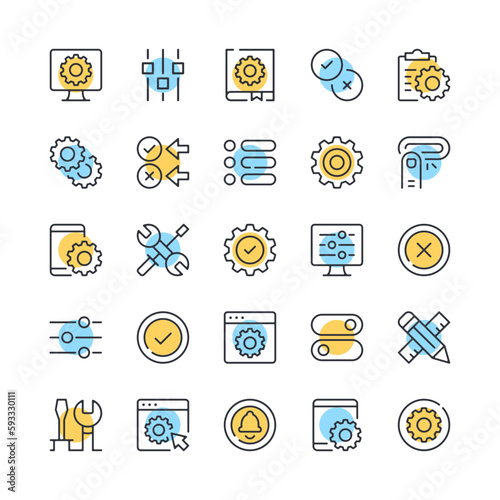 Settings line icons. Set of settings icons. Black, blue and yellow colors. Modern outline graphic design. Vector line icons set