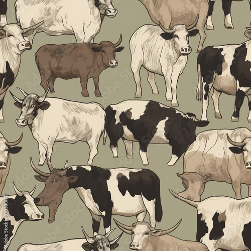 Cows Country Pastoral Rural Rustic Farmhouse Homestead Southern Seamless Pattern Generative AI