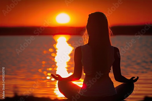 Yoga Lotus Pose in Calm Waters at Sunset - Generative AI 