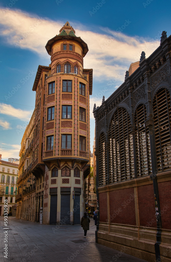 Naklejka premium Buildings at Sagasta street, Malaga city, Andalusia, Spain