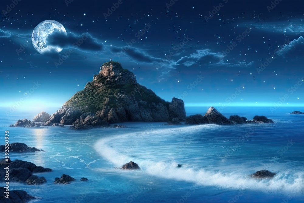Nighttime seascape with a full moon and a starry sky. Generative AI