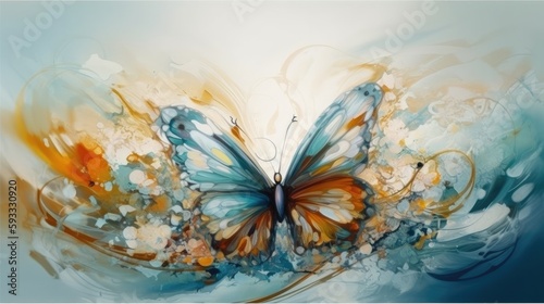 Painting of a colorful butterfly, orange, blue, white