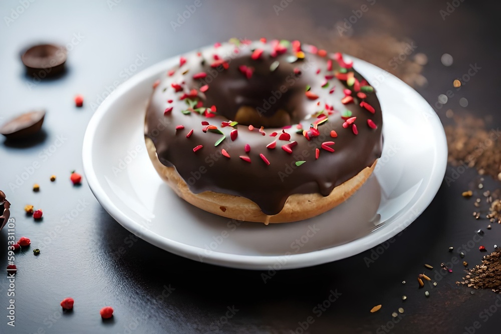 A chocolate donut with sprinkles on a plate, generated Ai A chocolate donut with sprinkles on a plate, generated Ai